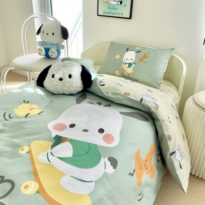 91家纺网 家纺一手货源 找家纺 蘭菲家纺 2025新款学生季全棉幼儿园三丽鸥三件套大版系列 滑板恰恰