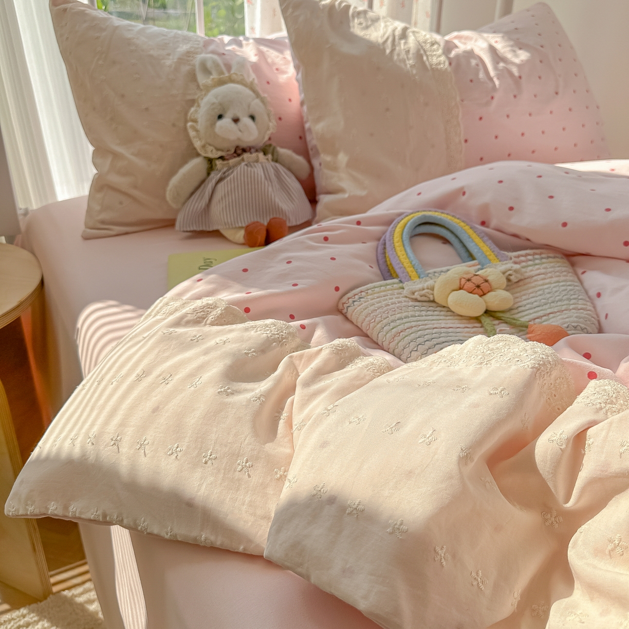 91家纺网 家纺一手货源 找家纺 韩巢家纺 2025新款法式蕾丝花边被套直播热销款四件套学生宿舍床上三件套（提供卖家秀） 草莓小波点【蕾丝花边款】