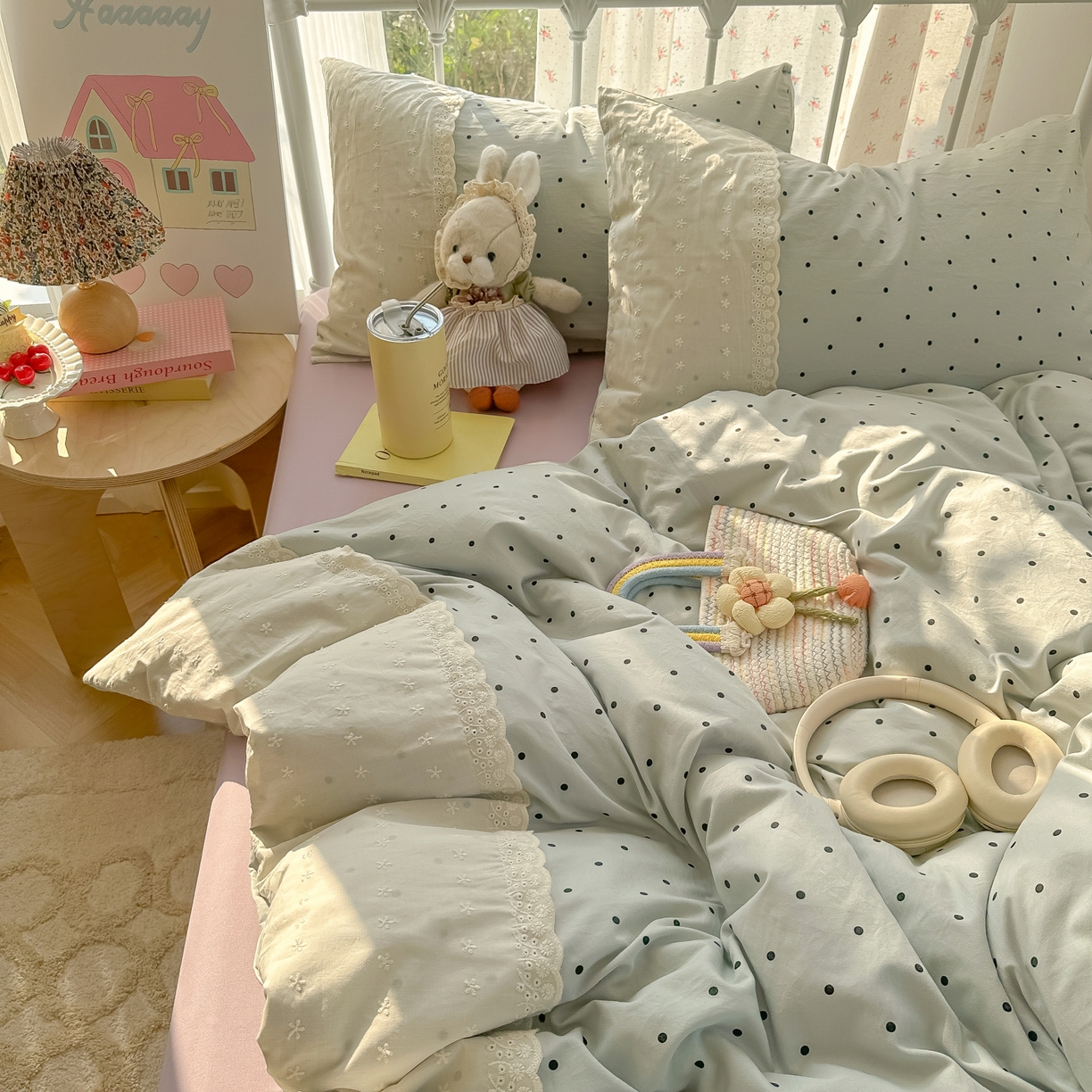 91家纺网 家纺一手货源 找家纺 韩巢家纺 2025新款法式蕾丝花边被套直播热销款四件套学生宿舍床上三件套（提供卖家秀） 蓝灰波点【蕾丝花边款】