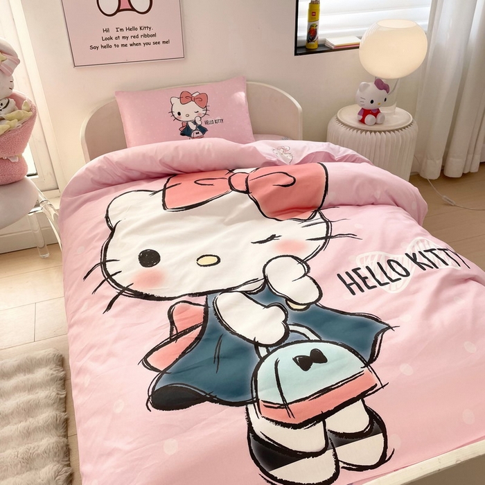 91家纺网 家纺一手货源 找家纺 蘭菲家纺 2025新款学生季全棉幼儿园三丽鸥三件套大版系列 摩卡.粉