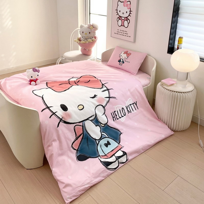 91家纺网 家纺一手货源 找家纺 蘭菲家纺 2025新款学生季全棉幼儿园三丽鸥三件套大版系列 摩卡.粉