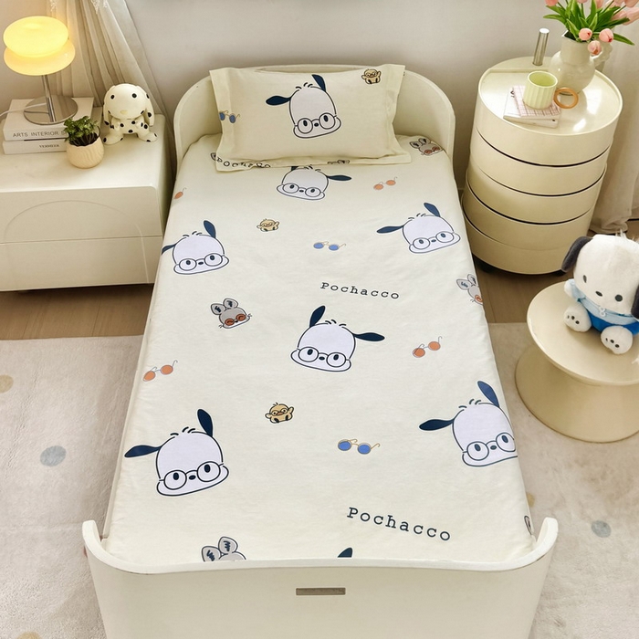 91家纺网 家纺一手货源 找家纺 蘭菲家纺 2025新款学生季全棉幼儿园三丽鸥三件套小版系列 眼镜狗.米