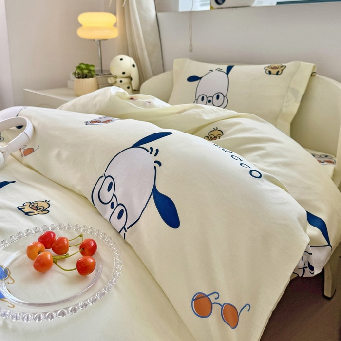 91家纺网 家纺一手货源 找家纺 蘭菲家纺 2025新款学生季全棉幼儿园三丽鸥三件套小版系列 眼镜狗.米