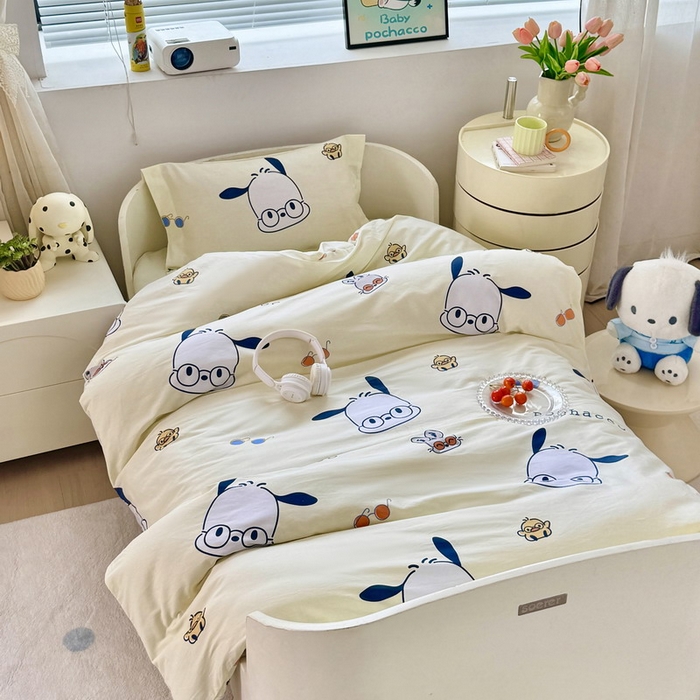 91家纺网 家纺一手货源 找家纺 蘭菲家纺 2025新款学生季全棉幼儿园三丽鸥三件套小版系列 眼镜狗.米