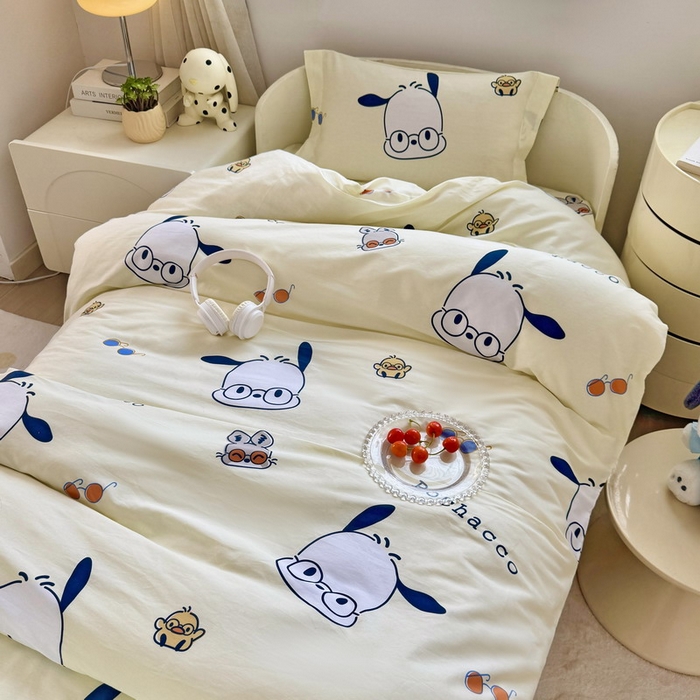 91家纺网 家纺一手货源 找家纺 蘭菲家纺 2025新款学生季全棉幼儿园三丽鸥三件套小版系列 眼镜狗.米