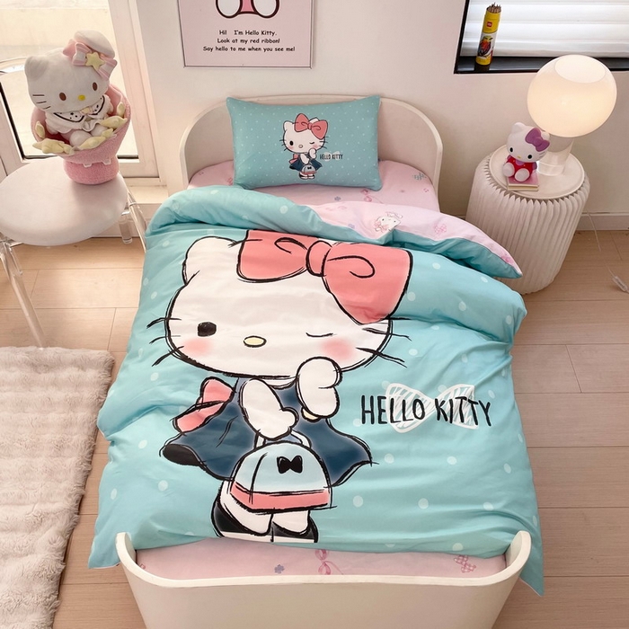 91家纺网 家纺一手货源 找家纺 蘭菲家纺 2025新款学生季全棉幼儿园三丽鸥三件套大版系列 摩卡.蓝