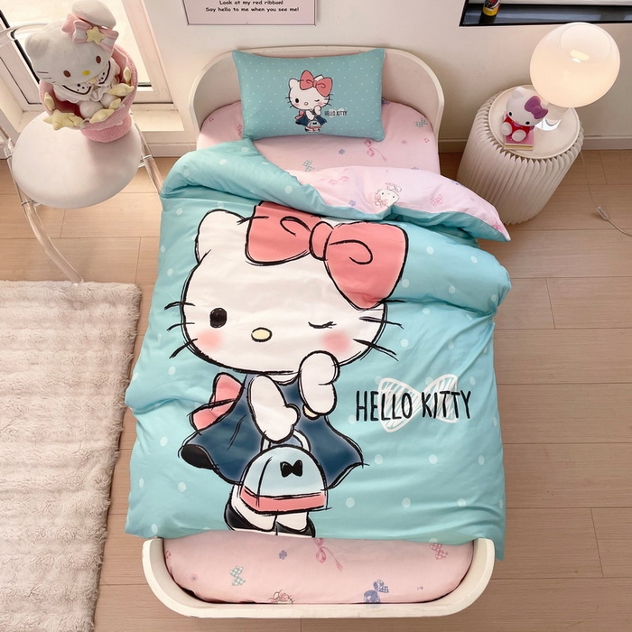 91家纺网 家纺一手货源 找家纺 蘭菲家纺 2025新款学生季全棉幼儿园三丽鸥三件套大版系列 摩卡.蓝