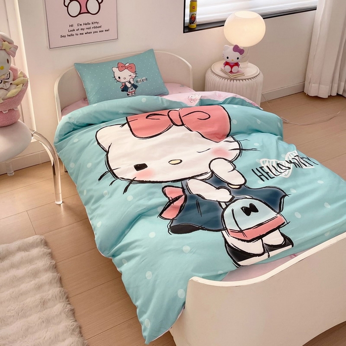 91家纺网 家纺一手货源 找家纺 蘭菲家纺 2025新款学生季全棉幼儿园三丽鸥三件套大版系列 摩卡.蓝