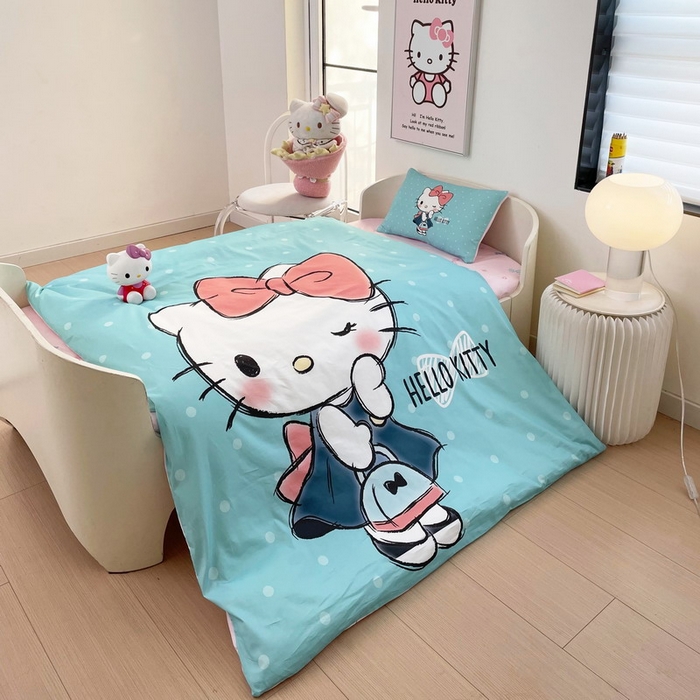 91家纺网 家纺一手货源 找家纺 蘭菲家纺 2025新款学生季全棉幼儿园三丽鸥三件套大版系列 摩卡.蓝