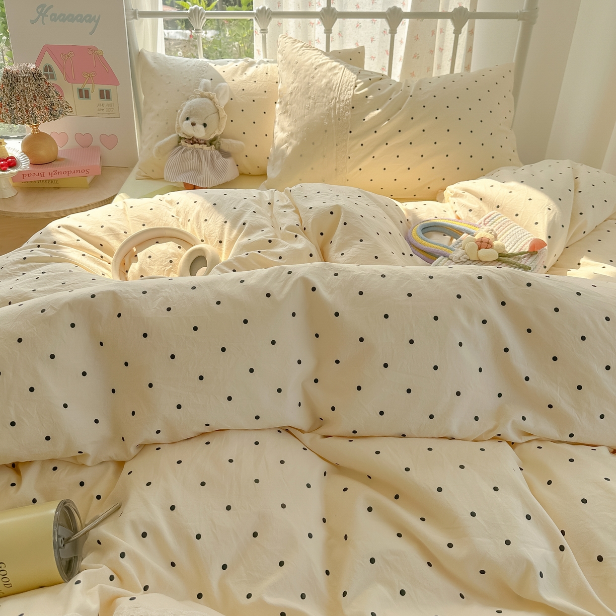 91家纺网 家纺一手货源 找家纺 韩巢家纺 2025新款法式蕾丝花边被套直播热销款四件套学生宿舍床上三件套（提供卖家秀） 米黄波点【蕾丝花边款】