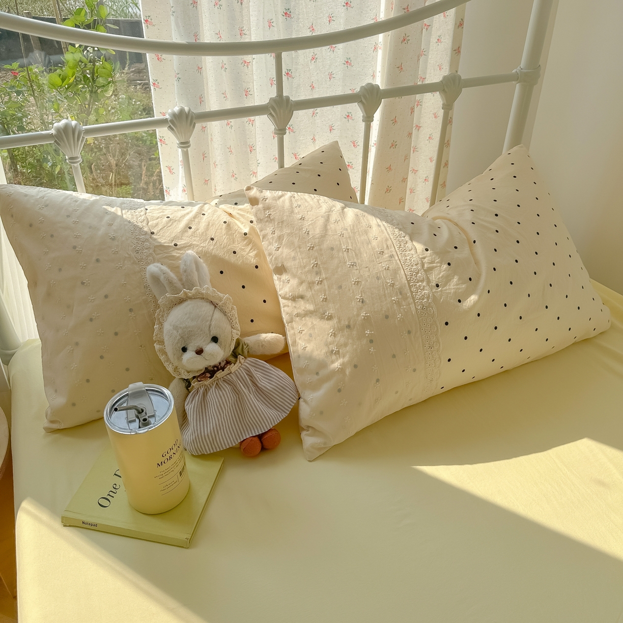 91家纺网 家纺一手货源 找家纺 韩巢家纺 2025新款法式蕾丝花边被套直播热销款四件套学生宿舍床上三件套（提供卖家秀） 米黄波点【蕾丝花边款】