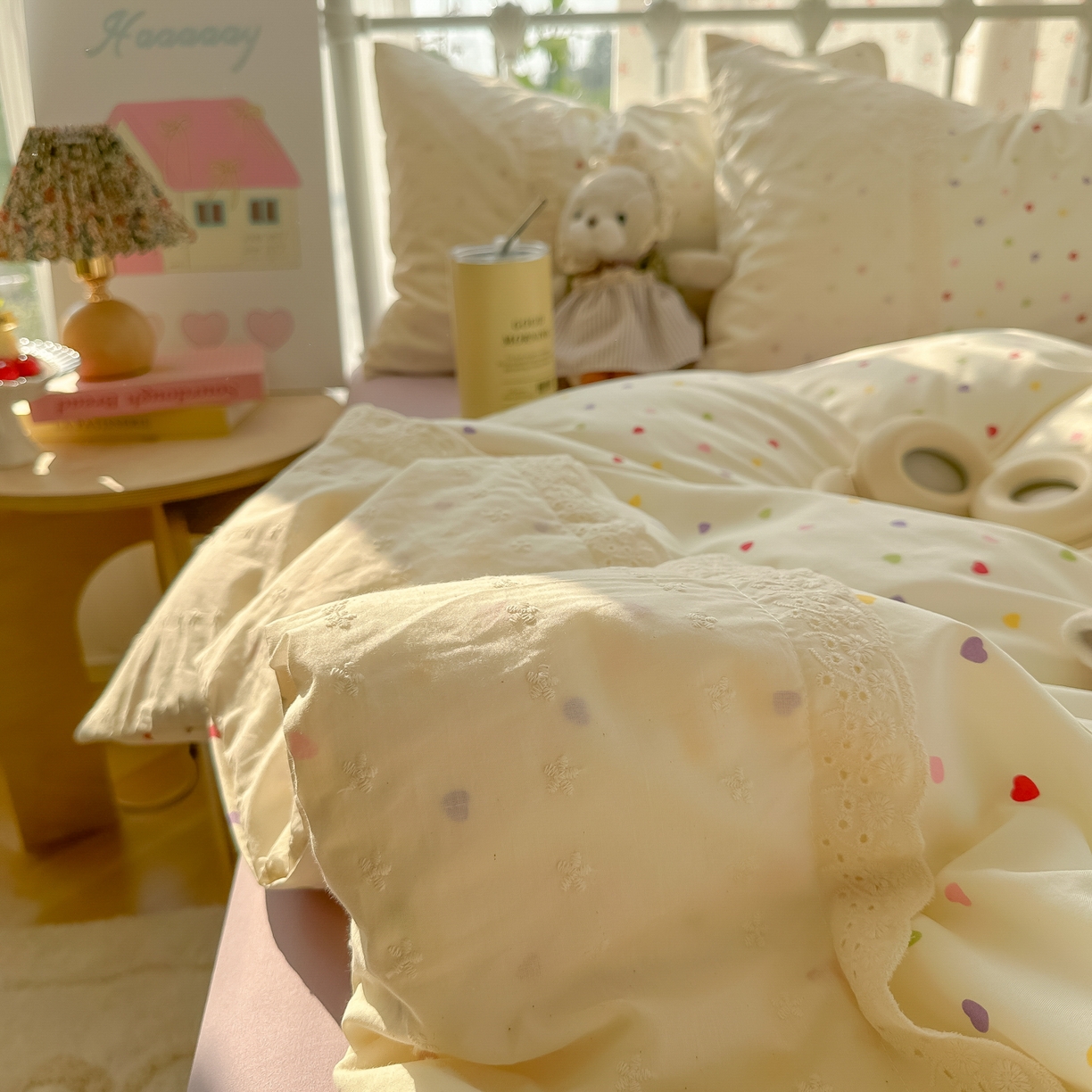 91家纺网 家纺一手货源 找家纺 韩巢家纺 2025新款法式蕾丝花边被套直播热销款四件套学生宿舍床上三件套（提供卖家秀） 心动预演【蕾丝花边款】