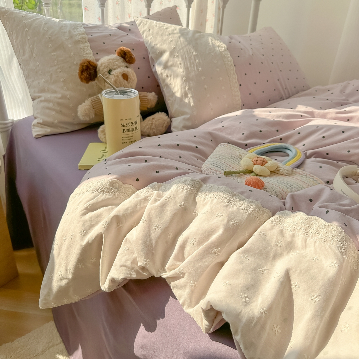 91家纺网 家纺一手货源 找家纺 韩巢家纺 2025新款法式蕾丝花边被套直播热销款四件套学生宿舍床上三件套（提供卖家秀） 芋泥紫波点【蕾丝花边款】