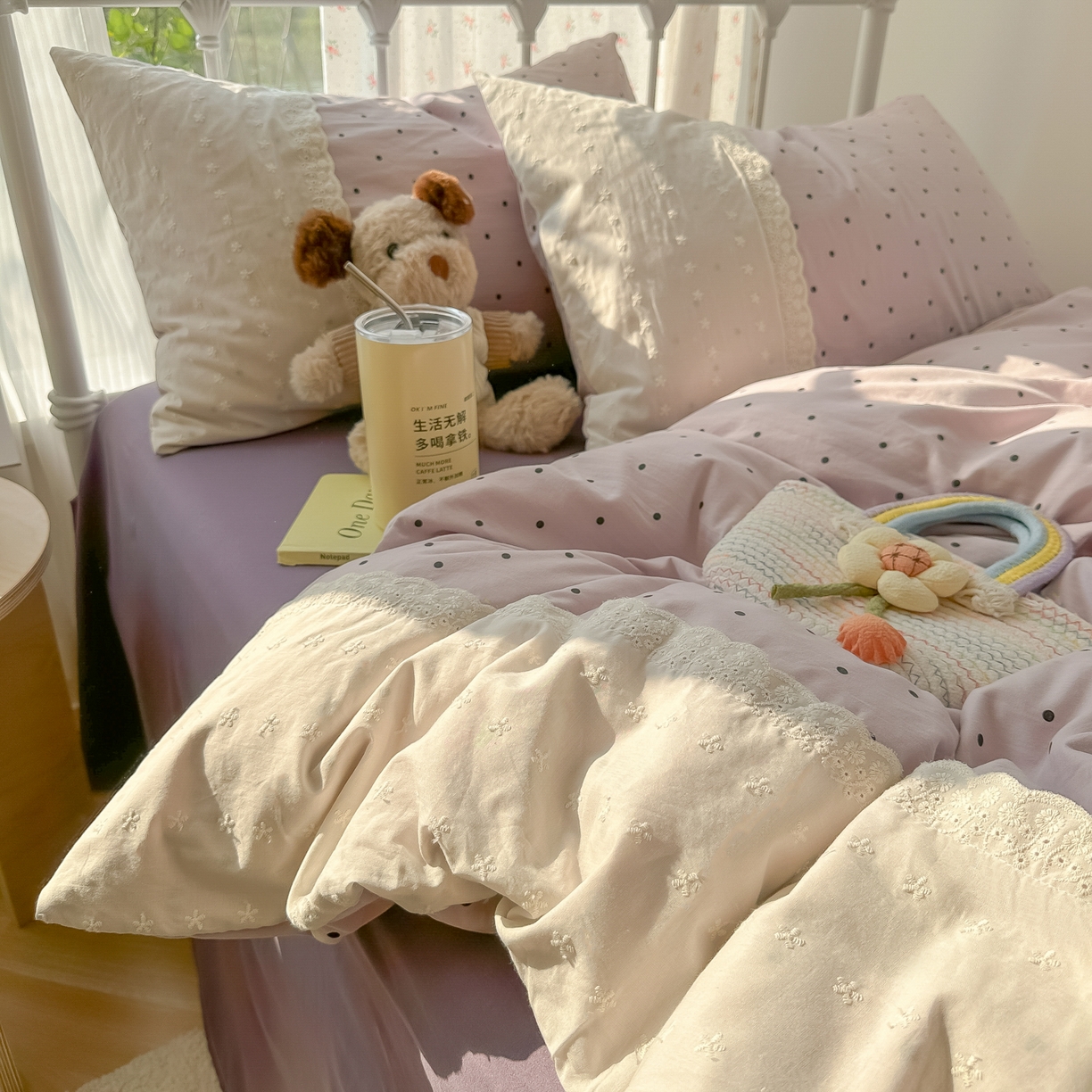 91家纺网 家纺一手货源 找家纺 韩巢家纺 2025新款法式蕾丝花边被套直播热销款四件套学生宿舍床上三件套（提供卖家秀） 芋泥紫波点【蕾丝花边款】