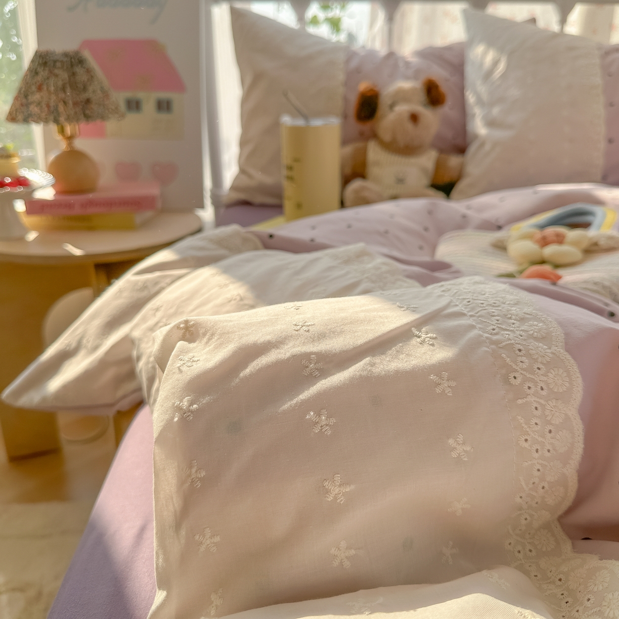 91家纺网 家纺一手货源 找家纺 韩巢家纺 2025新款法式蕾丝花边被套直播热销款四件套学生宿舍床上三件套（提供卖家秀） 芋泥紫波点【蕾丝花边款】