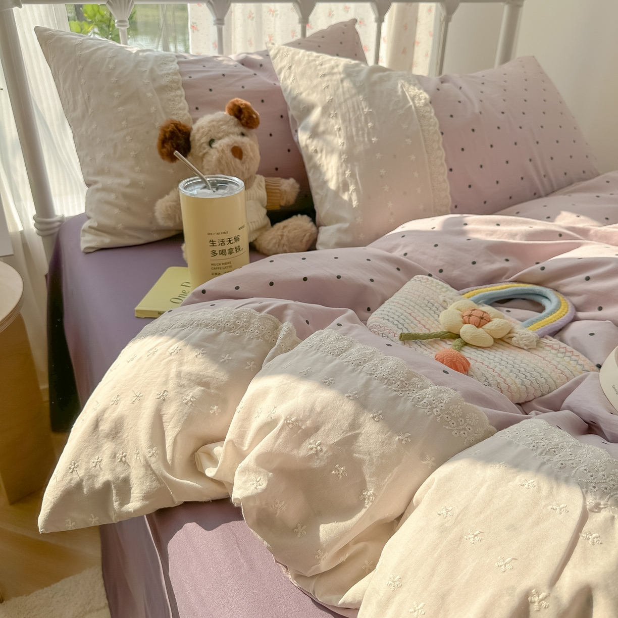 91家纺网 家纺一手货源 找家纺 韩巢家纺 2025新款法式蕾丝花边被套直播热销款四件套学生宿舍床上三件套（提供卖家秀） 芋泥紫波点【蕾丝花边款】