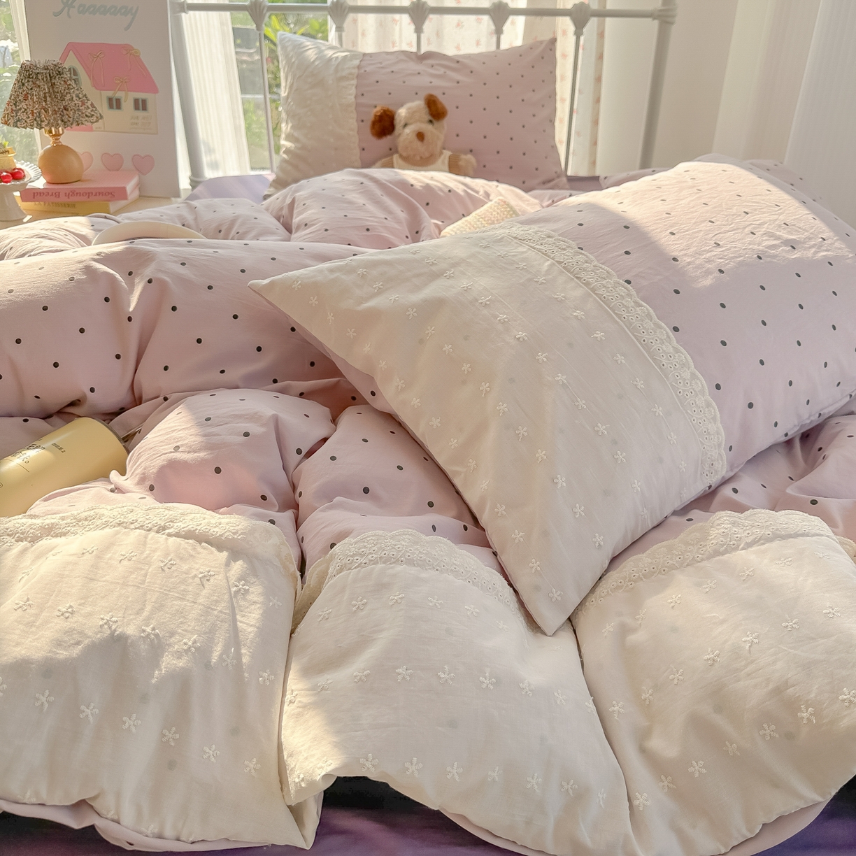 91家纺网 家纺一手货源 找家纺 韩巢家纺 2025新款法式蕾丝花边被套直播热销款四件套学生宿舍床上三件套（提供卖家秀） 芋泥紫波点【蕾丝花边款】