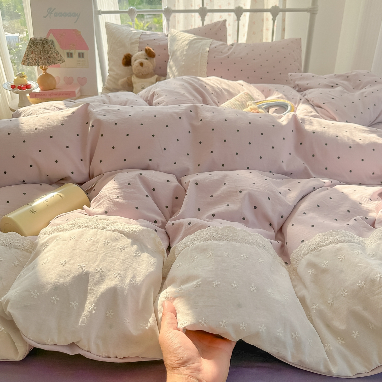 91家纺网 家纺一手货源 找家纺 韩巢家纺 2025新款法式蕾丝花边被套直播热销款四件套学生宿舍床上三件套（提供卖家秀） 芋泥紫波点【蕾丝花边款】