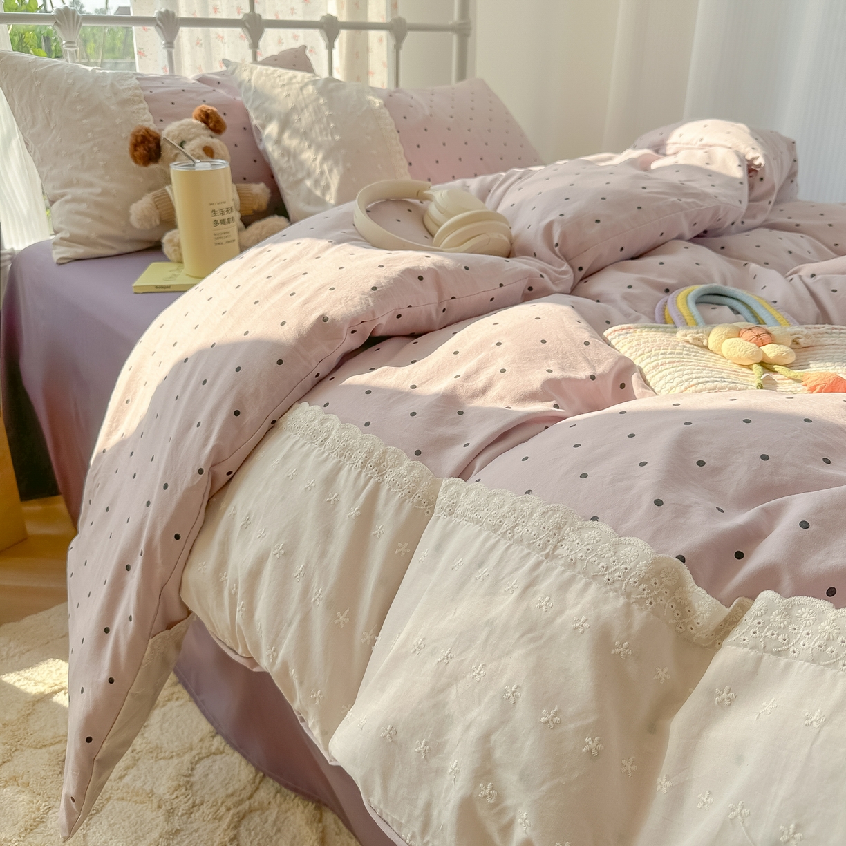 91家纺网 家纺一手货源 找家纺 韩巢家纺 2025新款法式蕾丝花边被套直播热销款四件套学生宿舍床上三件套（提供卖家秀） 芋泥紫波点【蕾丝花边款】