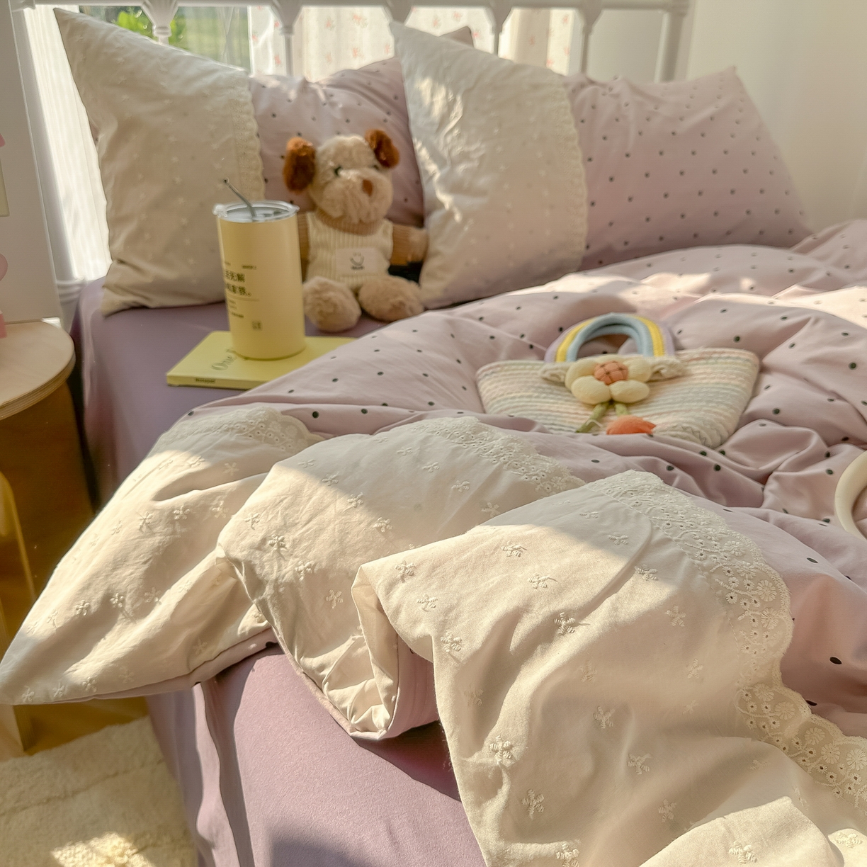 91家纺网 家纺一手货源 找家纺 韩巢家纺 2025新款法式蕾丝花边被套直播热销款四件套学生宿舍床上三件套（提供卖家秀） 芋泥紫波点【蕾丝花边款】