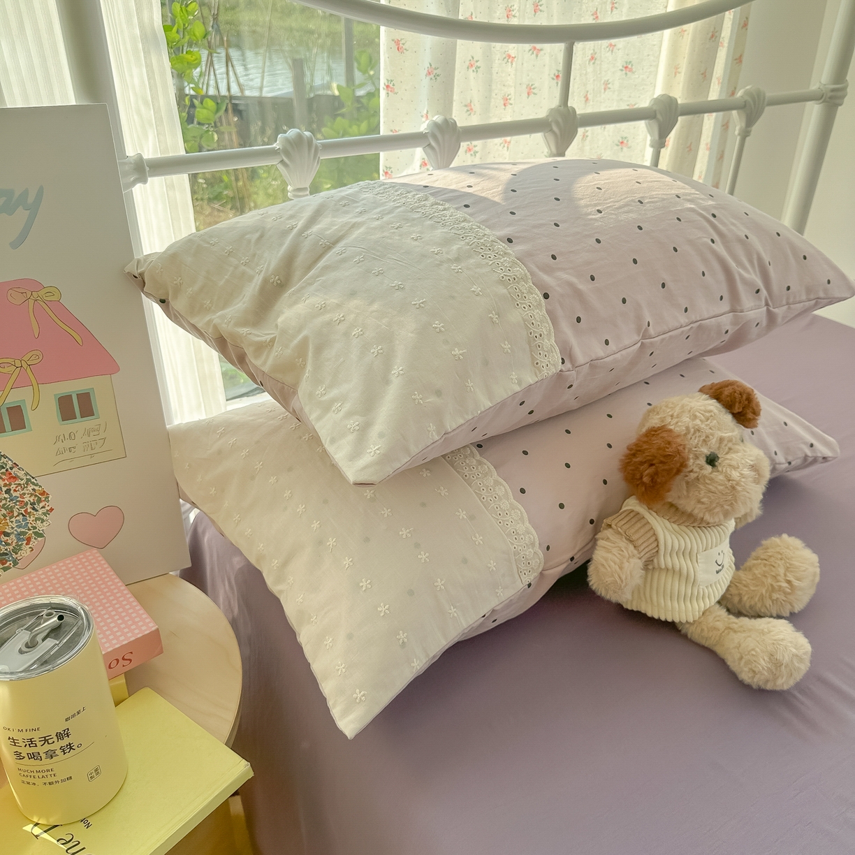 91家纺网 家纺一手货源 找家纺 韩巢家纺 2025新款法式蕾丝花边被套直播热销款四件套学生宿舍床上三件套（提供卖家秀） 芋泥紫波点【蕾丝花边款】