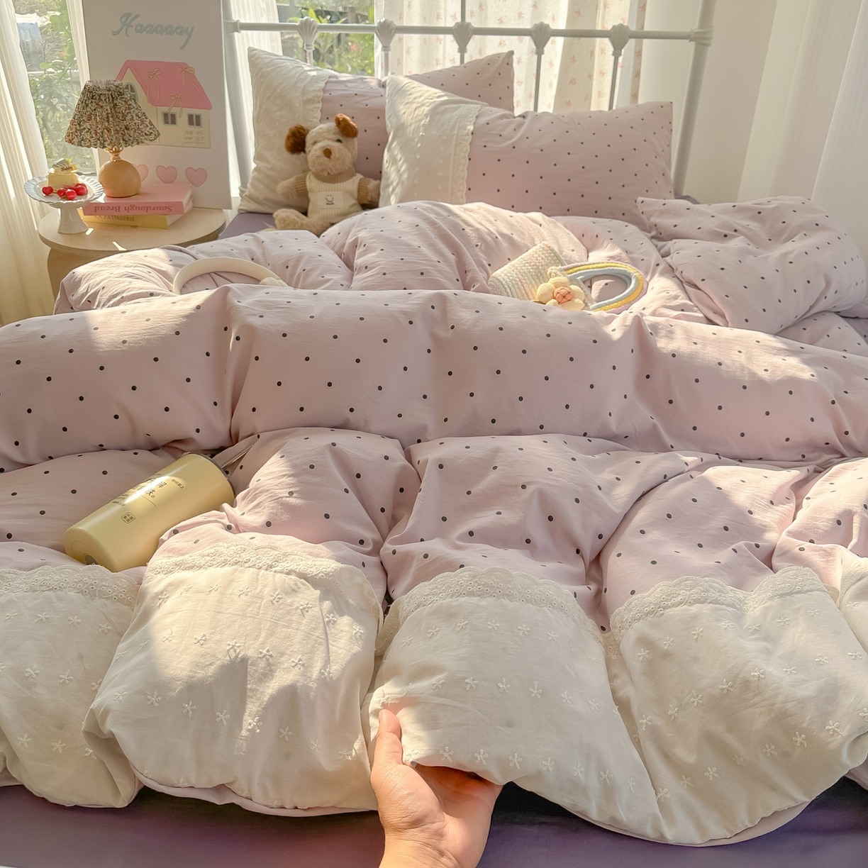 91家纺网 家纺一手货源 找家纺 韩巢家纺 2025新款法式蕾丝花边被套直播热销款四件套学生宿舍床上三件套（提供卖家秀） 芋泥紫波点【蕾丝花边款】