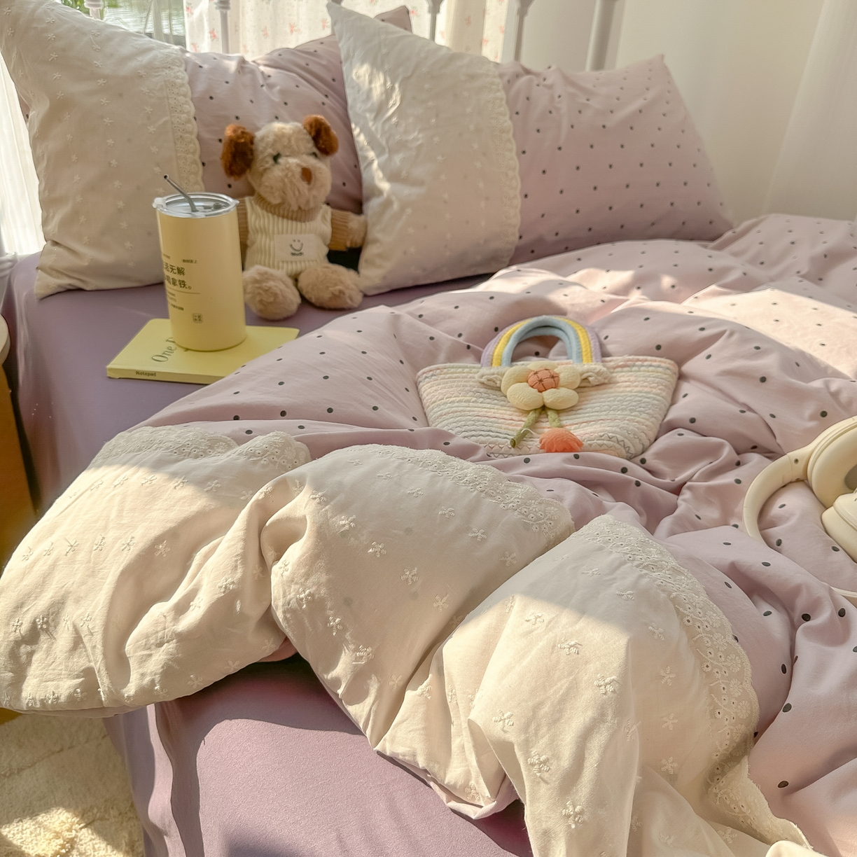 91家纺网 家纺一手货源 找家纺 韩巢家纺 2025新款法式蕾丝花边被套直播热销款四件套学生宿舍床上三件套（提供卖家秀） 芋泥紫波点【蕾丝花边款】
