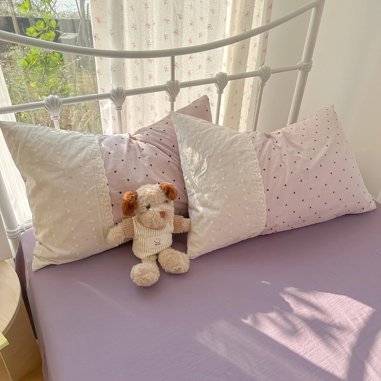 91家纺网 家纺一手货源 找家纺 韩巢家纺 2025新款法式蕾丝花边被套直播热销款四件套学生宿舍床上三件套（提供卖家秀） 芋泥紫波点【蕾丝花边款】