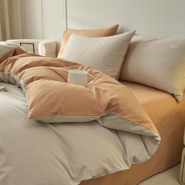 91家纺网 家纺一手货源 找家纺 木子家纺 2025新款色织全棉40支水洗棉四件套--双拼第二组 米咖西柚