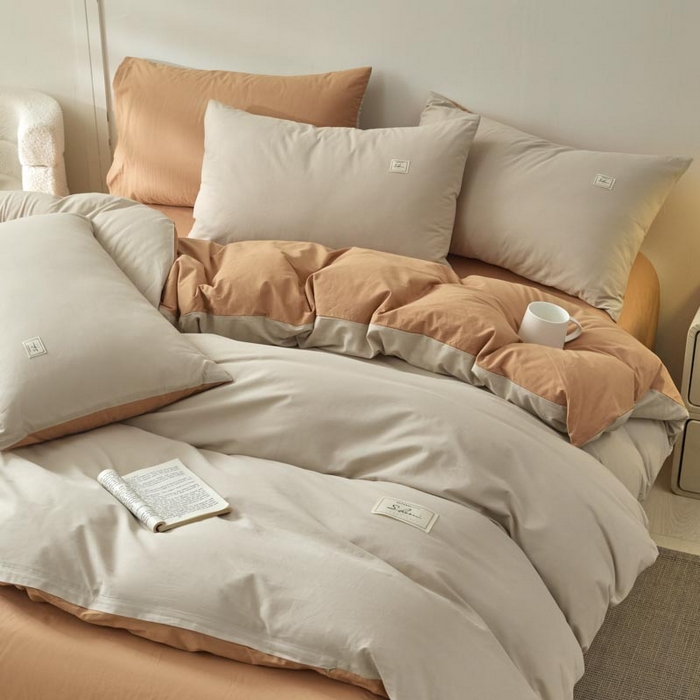 91家纺网 家纺一手货源 找家纺 木子家纺 2025新款色织全棉40支水洗棉四件套--双拼第二组 米咖西柚