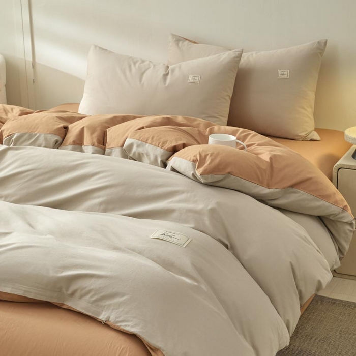 91家纺网 家纺一手货源 找家纺 木子家纺 2025新款色织全棉40支水洗棉四件套--双拼第二组 米咖西柚