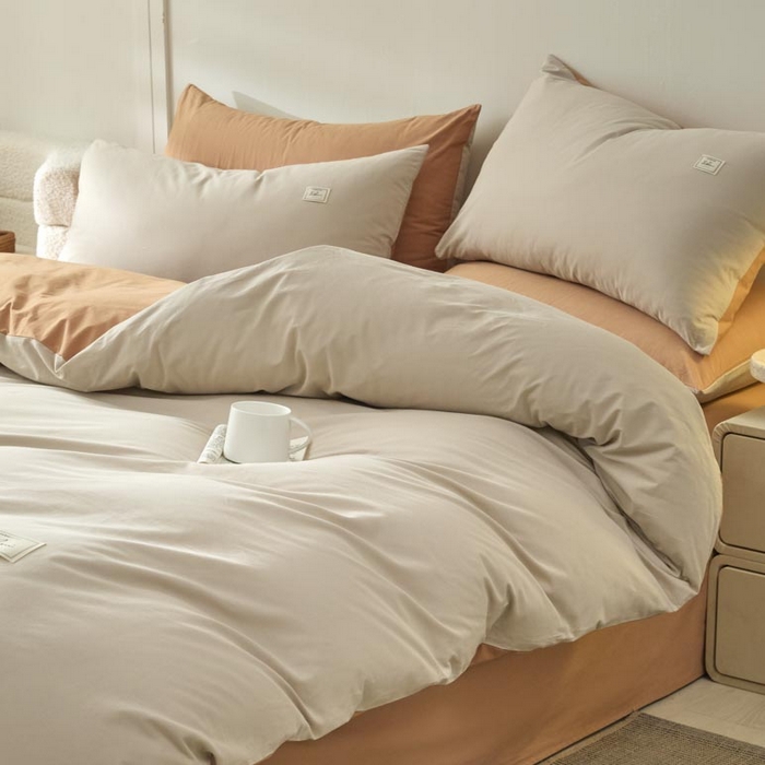 91家纺网 家纺一手货源 找家纺 木子家纺 2025新款色织全棉40支水洗棉四件套--双拼第二组 米咖西柚