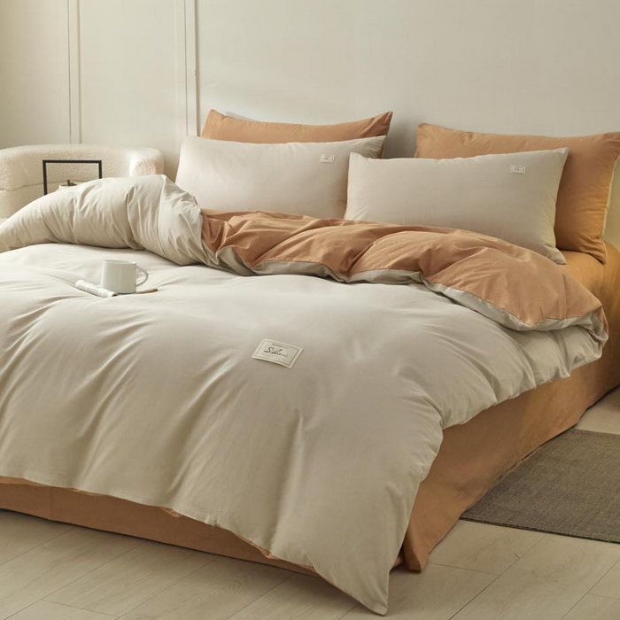 91家纺网 家纺一手货源 找家纺 木子家纺 2025新款色织全棉40支水洗棉四件套--双拼第二组 米咖西柚