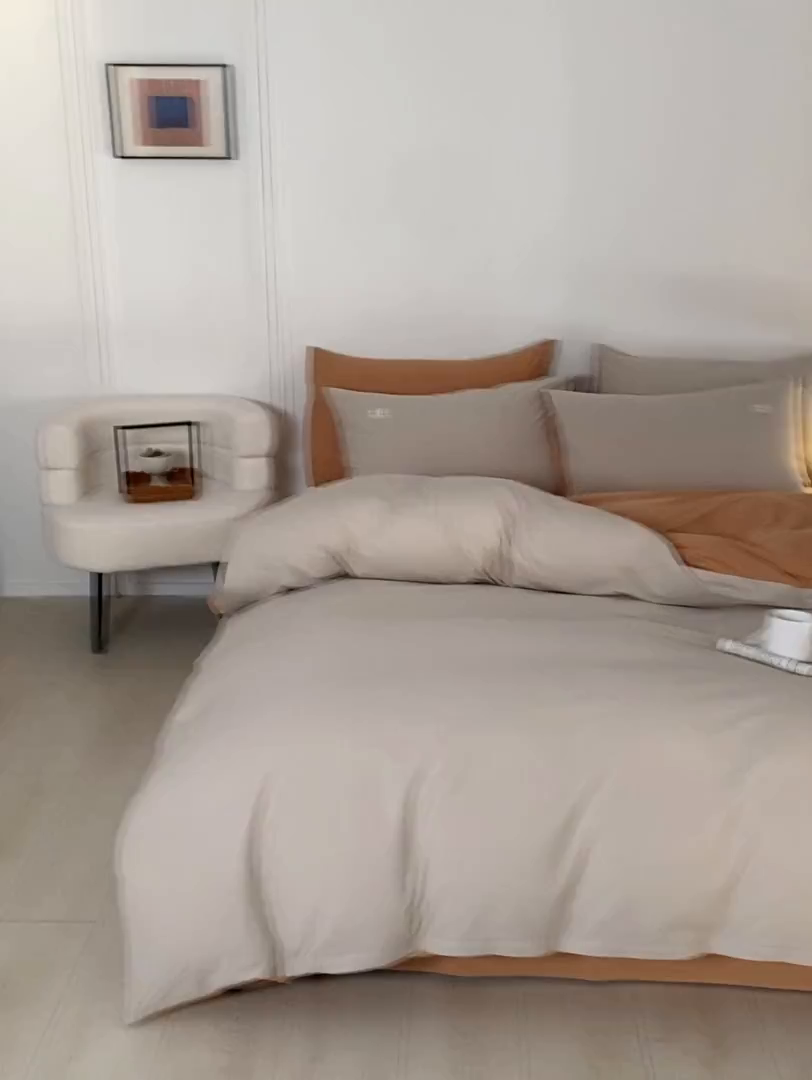 91家纺网 家纺一手货源 找家纺 木子家纺 2025新款色织全棉40支水洗棉四件套--双拼第二组 米咖西柚