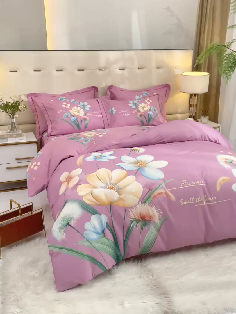 91家纺网 家纺一手货源 找家纺 格里芬家纺2025全棉大版花13372印花四件套 广凌-紫