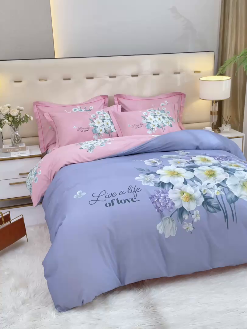 91家纺网 家纺一手货源 找家纺 格里芬家纺2025全棉大版花13372印花四件套 花季-紫