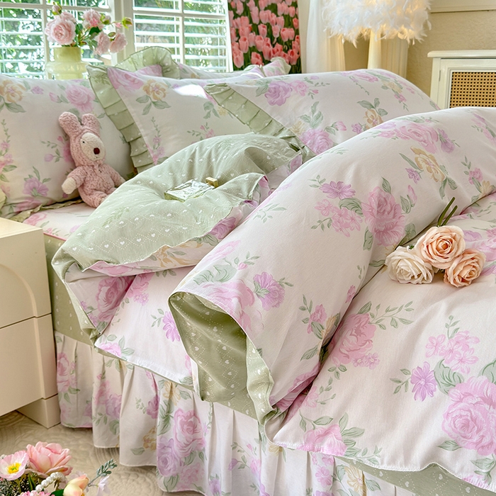 91家纺网 家纺一手货源 找家纺 （总）美达家纺 2025新款全棉纯棉AB版蕾丝小花边单层床裙四件套