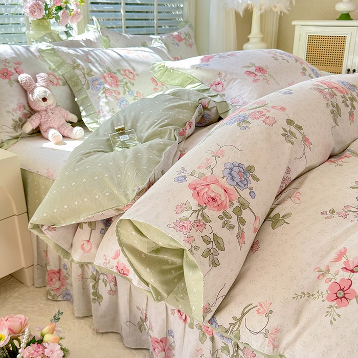 91家纺网 家纺一手货源 找家纺 （总）美达家纺 2025新款全棉纯棉AB版蕾丝小花边单层床裙四件套,解语花,南湘,沁雨花叶,悦棠