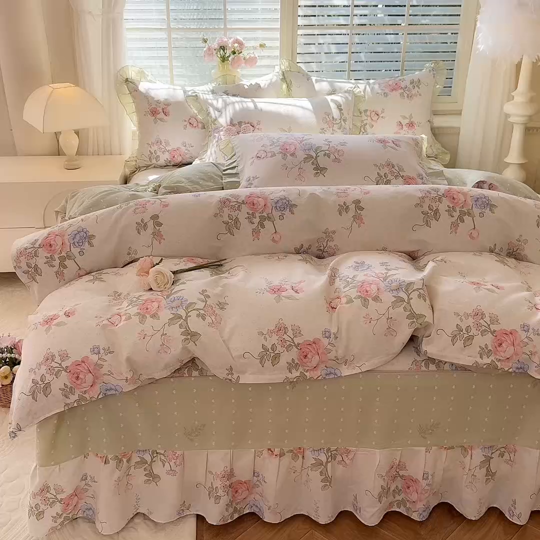 91家纺网 家纺一手货源 找家纺 （总）美达家纺 2025新款全棉纯棉AB版蕾丝小花边单层床裙四件套