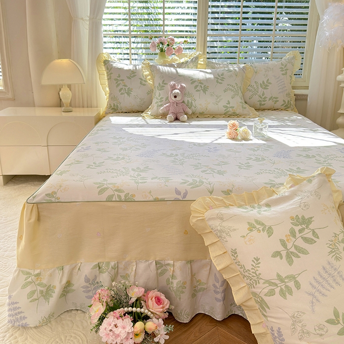 91家纺网 家纺一手货源 找家纺 美达家纺 2025新款全棉AB版单层床裙 沁雨花叶