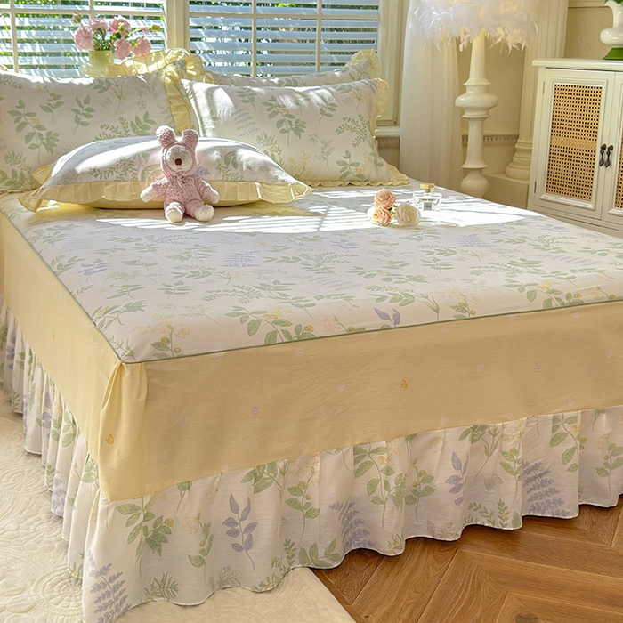 91家纺网 家纺一手货源 找家纺 美达家纺 2025新款全棉AB版单层床裙 沁雨花叶