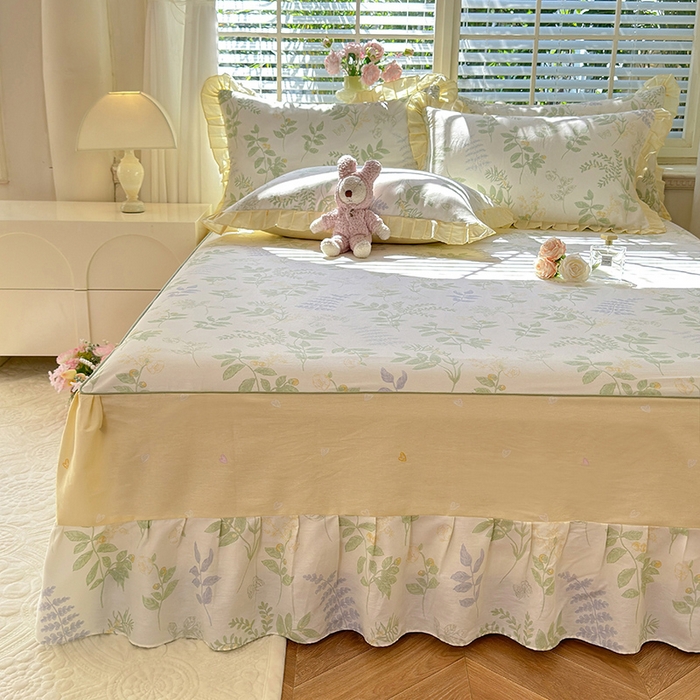 91家纺网 家纺一手货源 找家纺 美达家纺 2025新款全棉AB版单层床裙 沁雨花叶