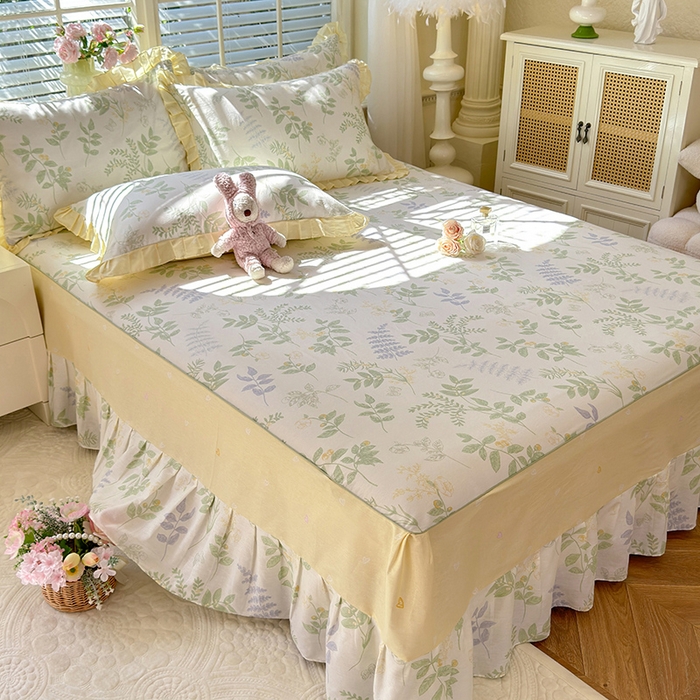 91家纺网 家纺一手货源 找家纺 美达家纺 2025新款全棉AB版单层床裙 沁雨花叶