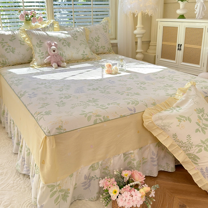 91家纺网 家纺一手货源 找家纺 美达家纺 2025新款全棉AB版单层床裙 沁雨花叶