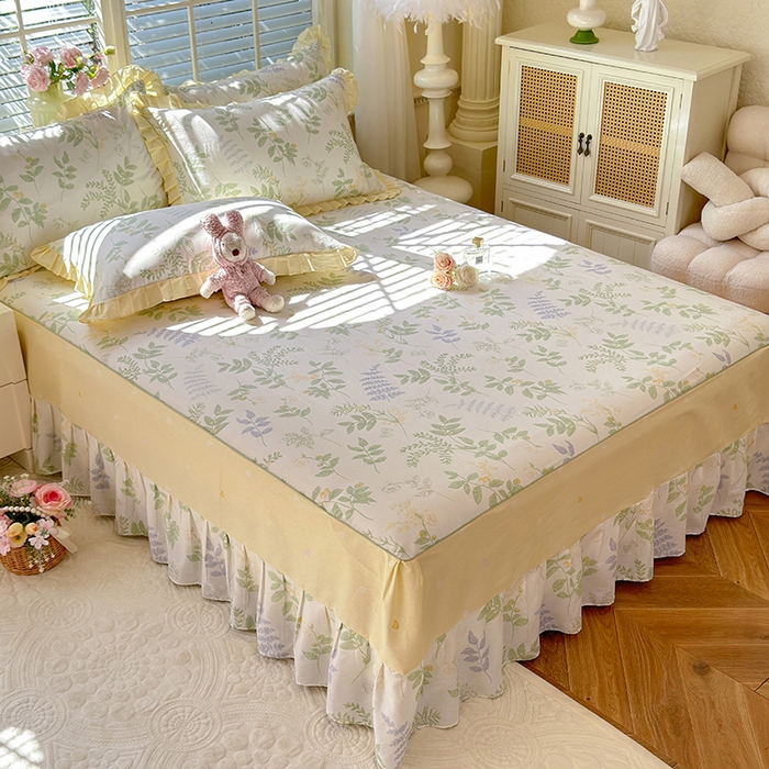 91家纺网 家纺一手货源 找家纺 美达家纺 2025新款全棉AB版单层床裙 沁雨花叶