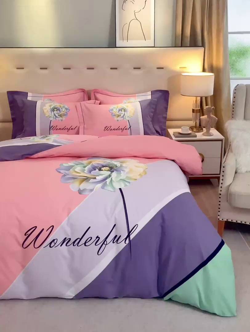 91家纺网 家纺一手货源 找家纺 格里芬家纺2025新款全棉大版磨毛生态磨毛四件套 花妍