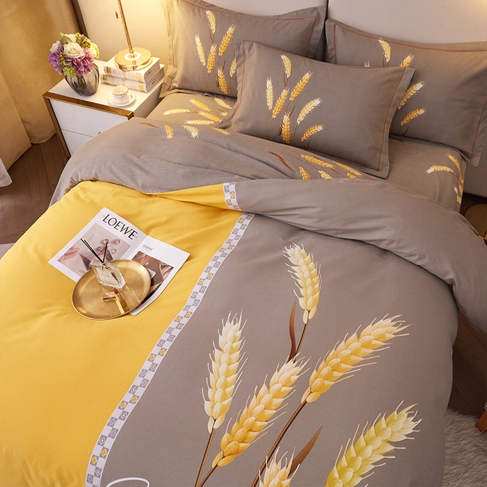 91家纺网 家纺一手货源 找家纺 格里芬家纺2025新款全棉大版磨毛生态磨毛四件套 辉煌麦穗-黄