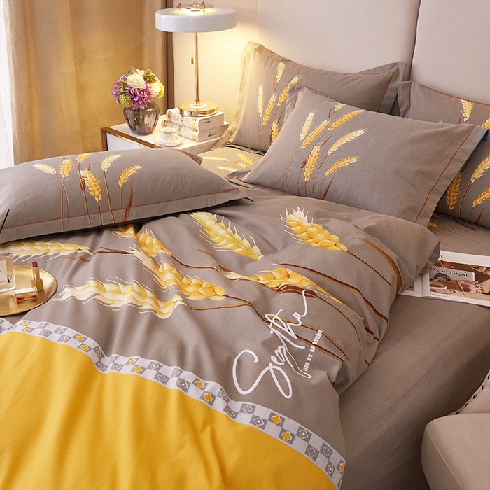 91家纺网 家纺一手货源 找家纺 格里芬家纺2025新款全棉大版磨毛生态磨毛四件套 辉煌麦穗-黄