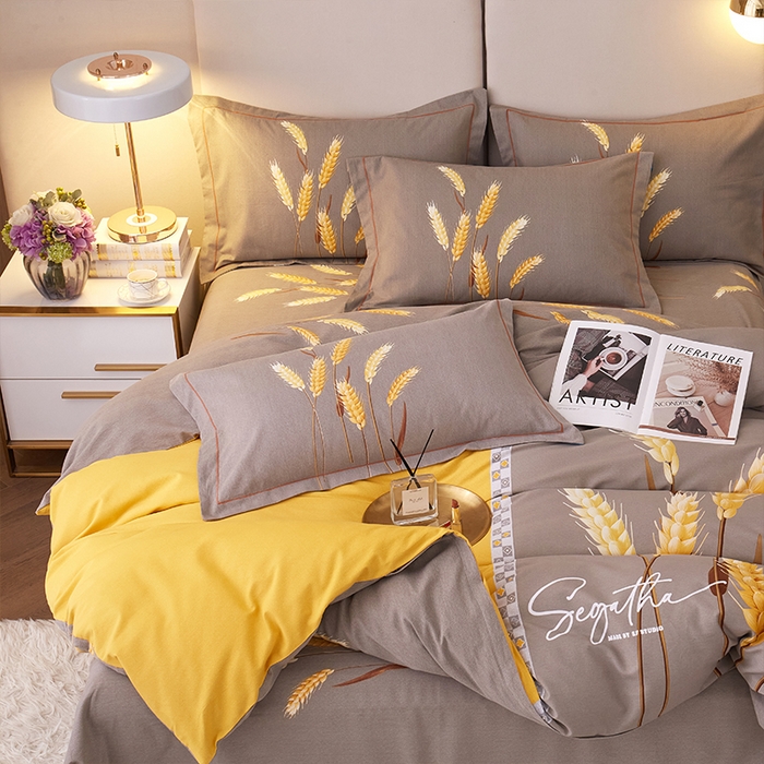 91家纺网 家纺一手货源 找家纺 格里芬家纺2025新款全棉大版磨毛生态磨毛四件套 辉煌麦穗-黄