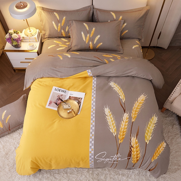 91家纺网 家纺一手货源 找家纺 格里芬家纺2025新款全棉大版磨毛生态磨毛四件套 辉煌麦穗-黄